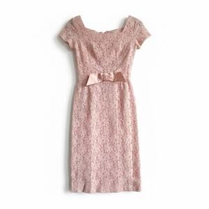 Vintage Dubarry Blush Pink Lace Wiggle Dress Bow Waist Sheath Small Bow Detail